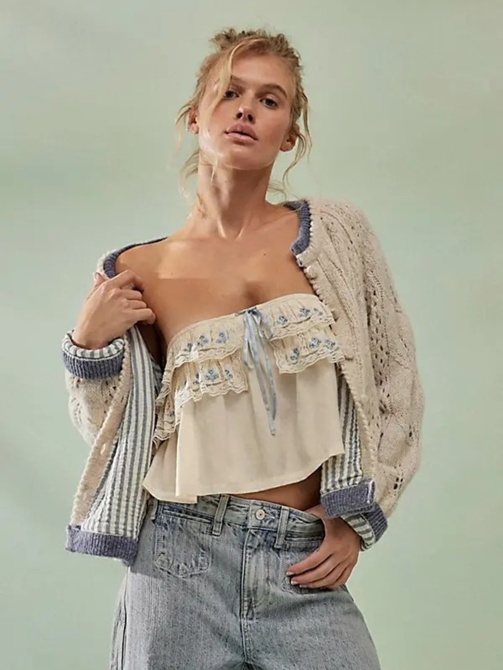 Free People Talia Boho Ruffle Corset Tube Top In Cream & Dusty Blue
